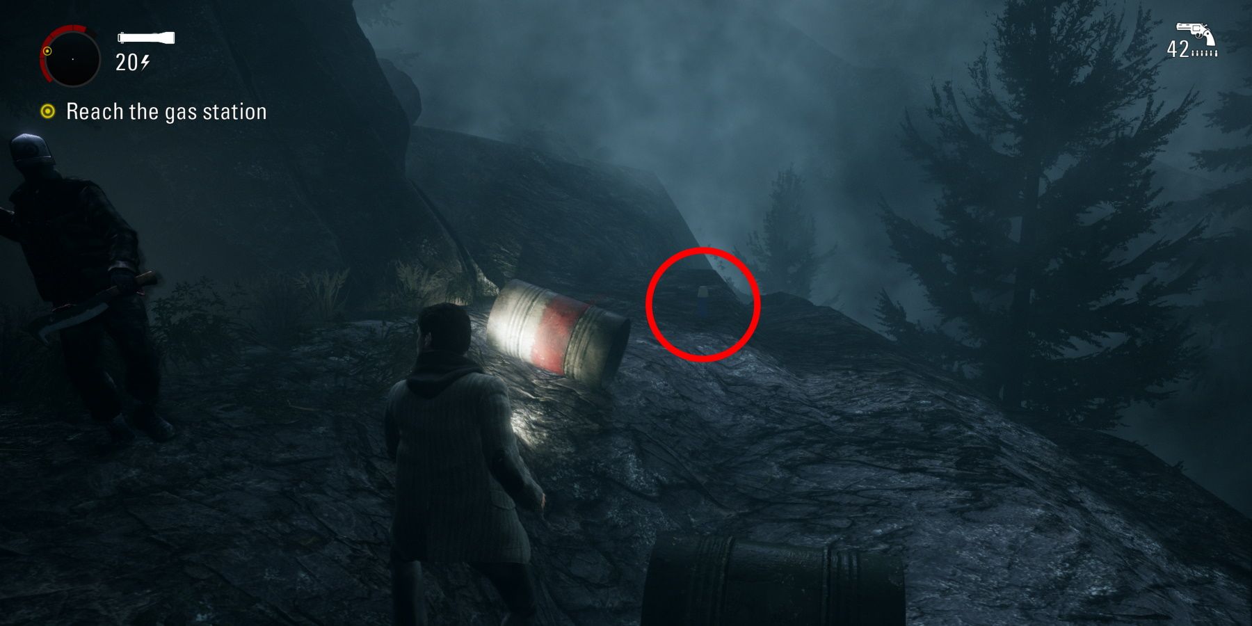 Alan Wake Remastered circled collectible in woods near gas station and safe haven