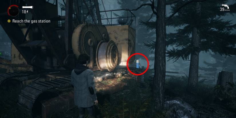Alan Wake Remastered circled collectible in lumberyard after stucky fight