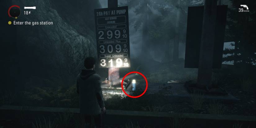 Alan Wake Remastered circled collectible outside of gas station