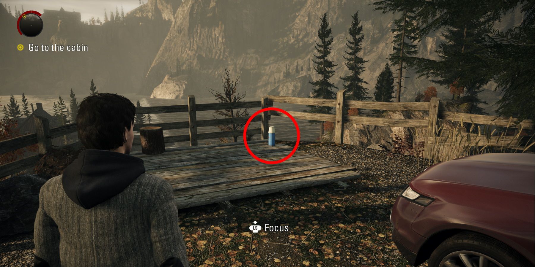 Alan Wake Remastered circled collectible at bird leg cabin cliffside