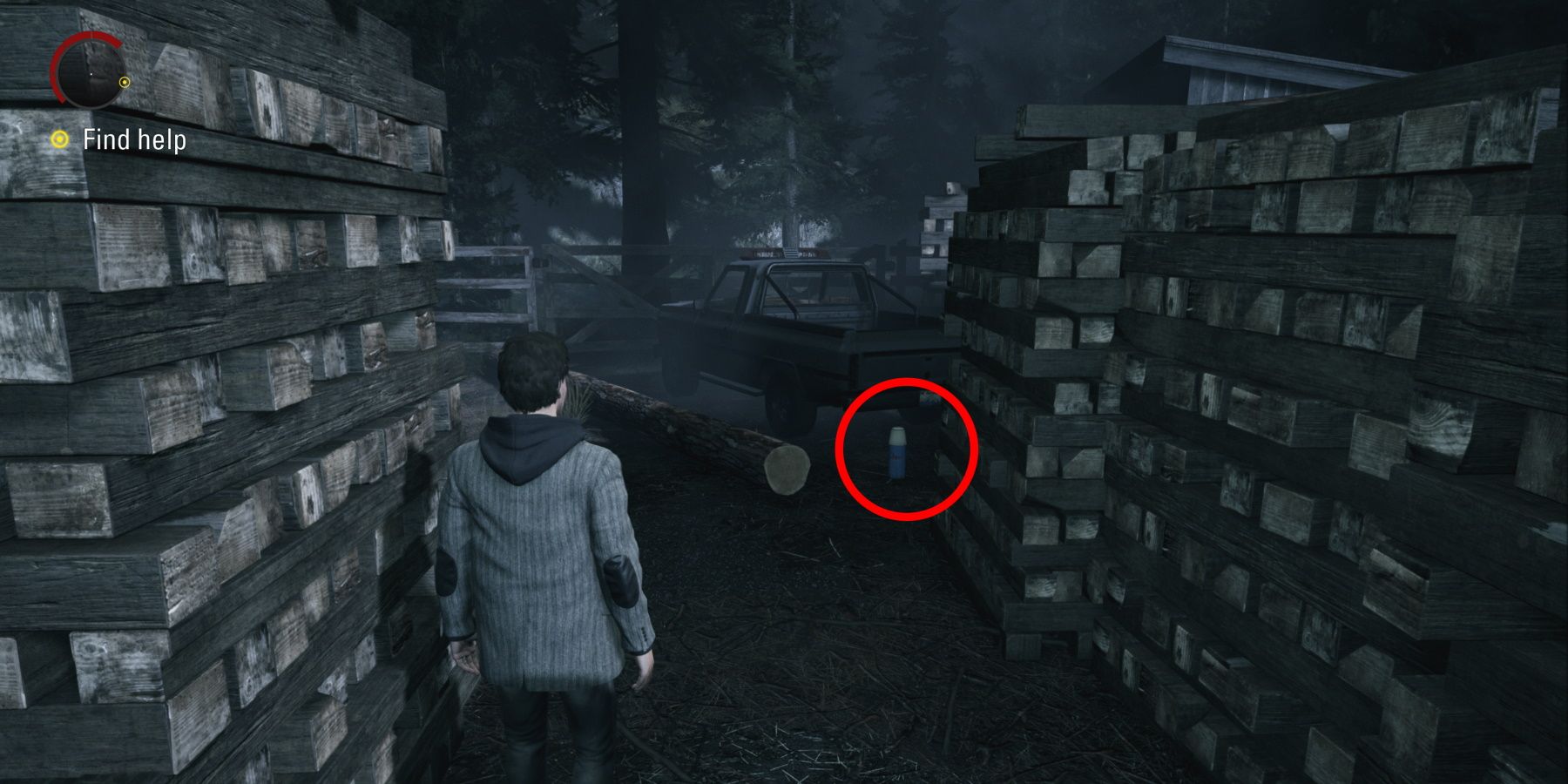 Alan Wake Remastered circled collectible at lumber yard