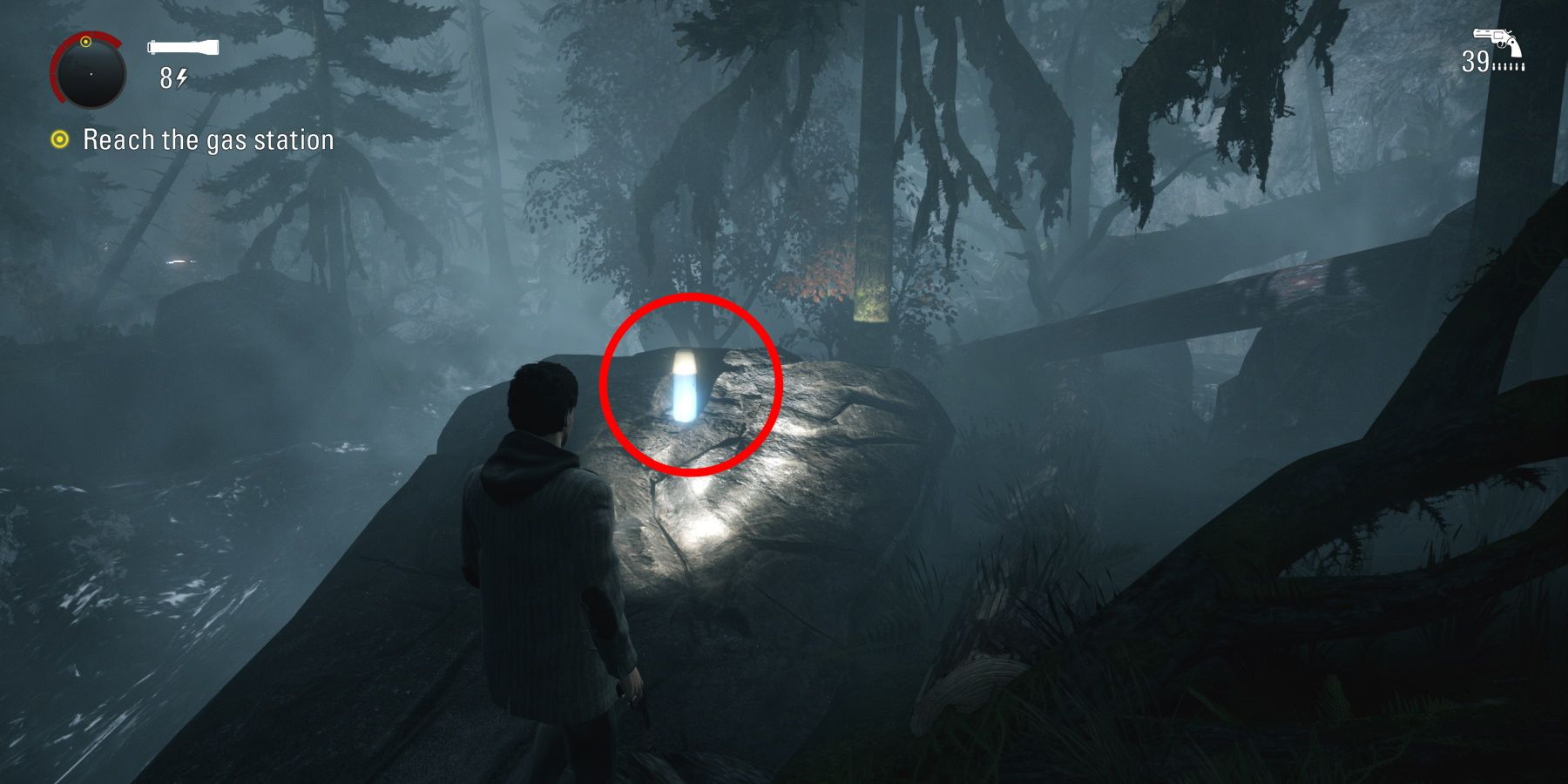 Alan Wake Remastered circled collectible at stream near lumber yard