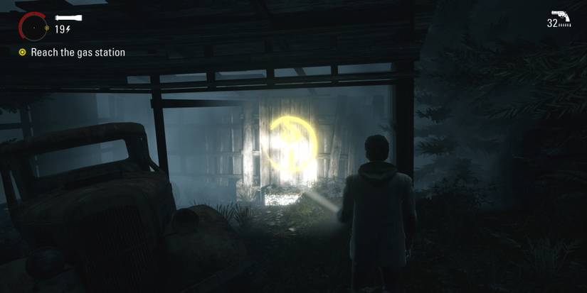 Alan Wake Remastered box containing weapons and ammo above broken stairs