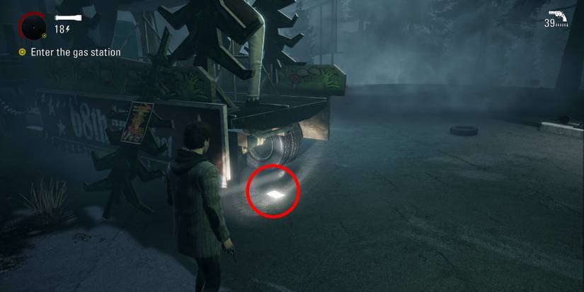 Alan Wake Remastered circled collectible at the gas station