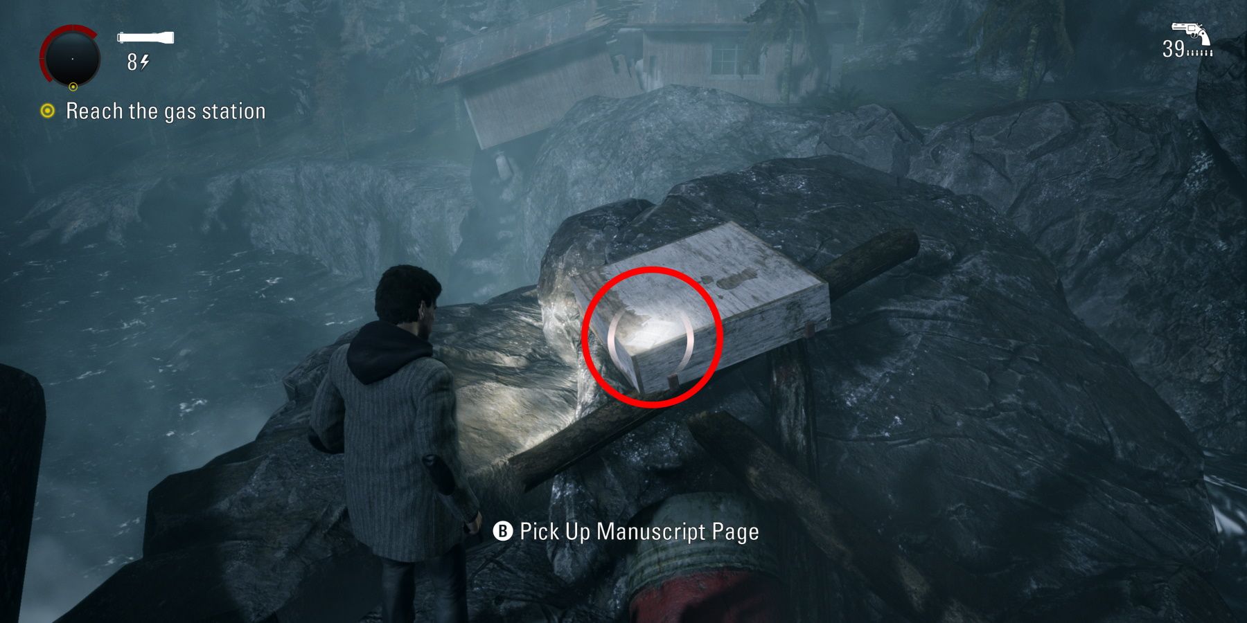 Alan Wake Remastered circled collectible by the Lumber Yard stream