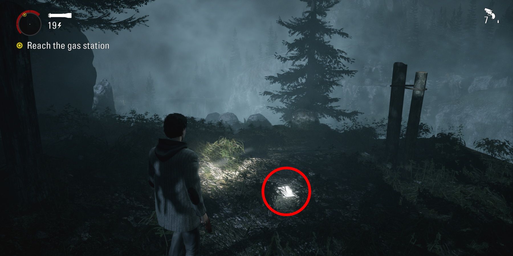 Alan Wake Remastered circled collectible after reaching top of the stairs