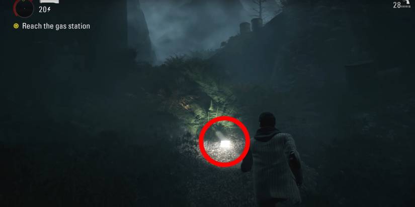 Alan Wake Remastered circled collectible after reaching top of the stairs