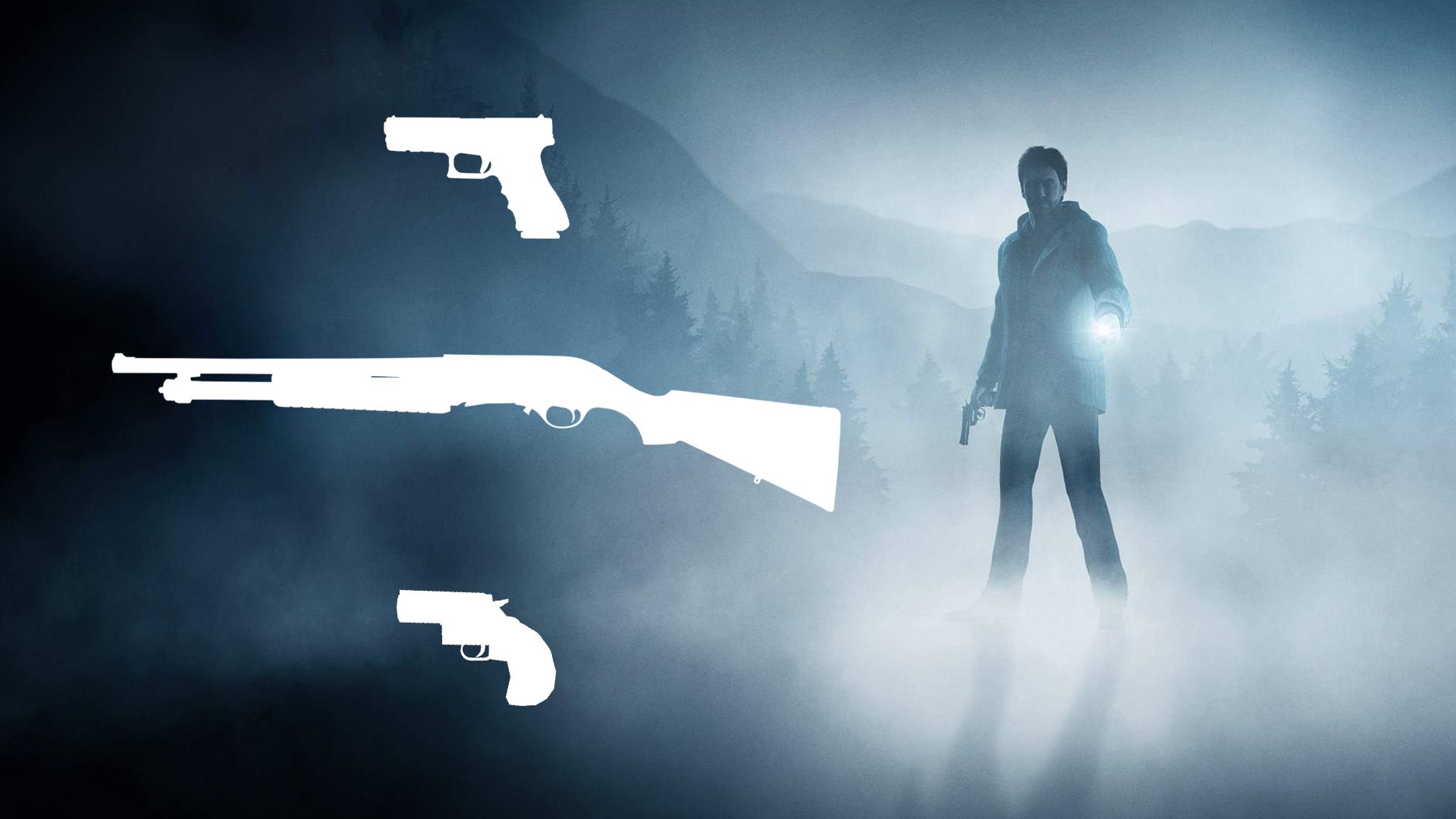Alan Wake in a misty forest with silhouettes of weapons