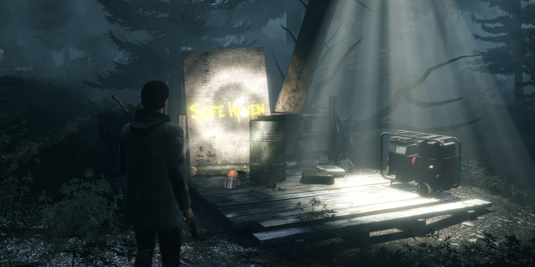 Alan Wake Remastered safe haven written in yellow paint by power generator