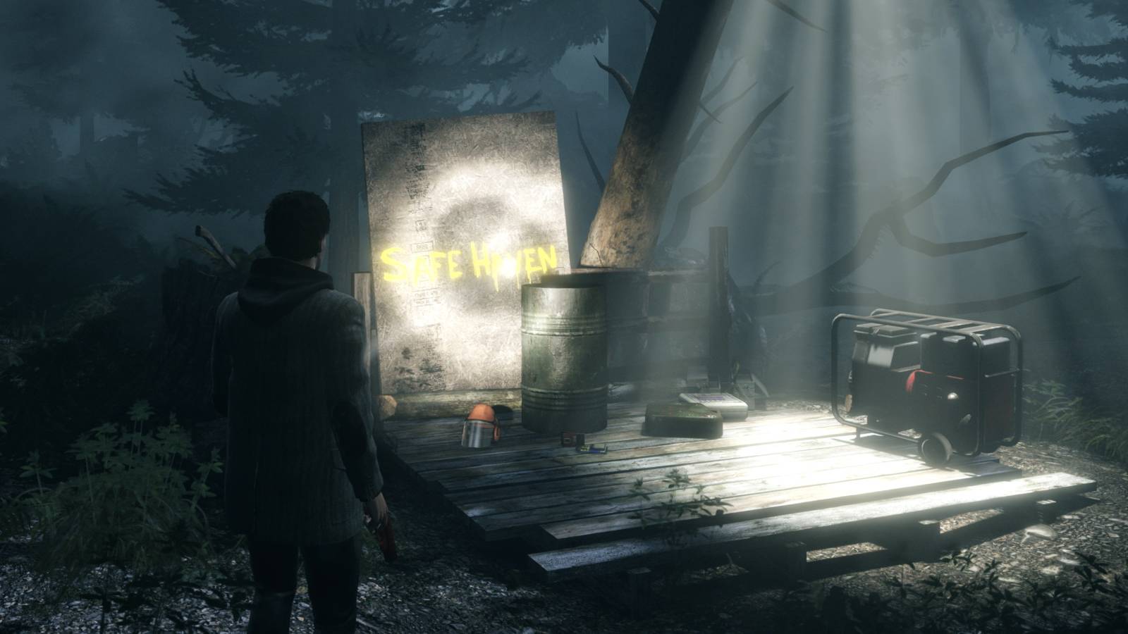 Alan Wake Remastered safe haven written in yellow paint by power generator
