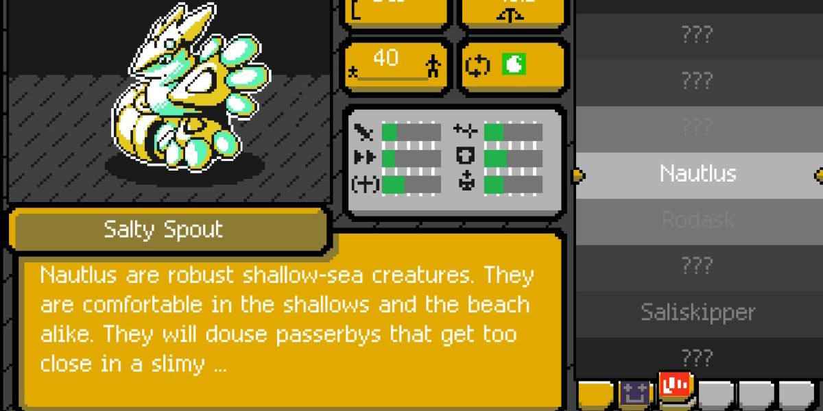 menu that shows an alternate form of the monster Nautlus with it's description and type