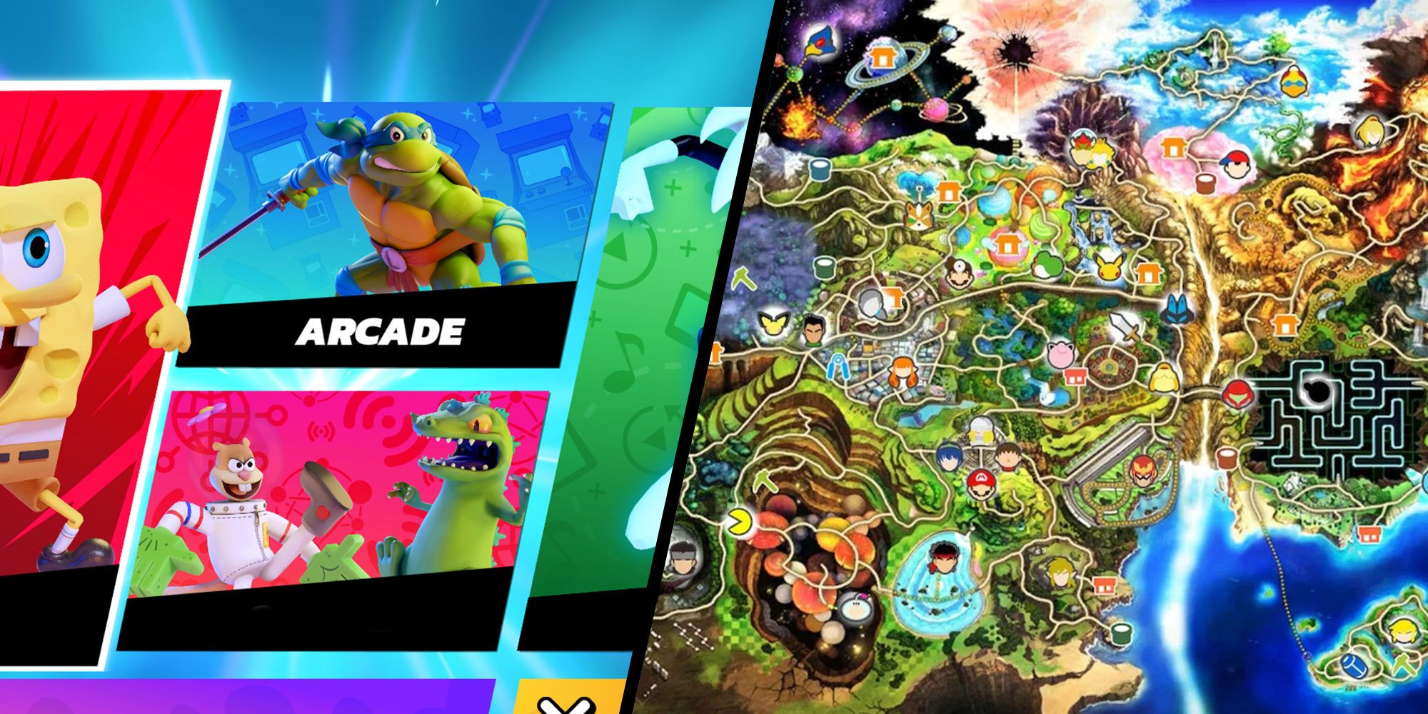 An Image Of All-Star Brawl's Arcade Mode Next To Smash Ultimate's World Of Light World Map