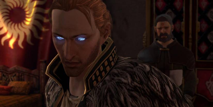 Anders' eyes glowing blue. 