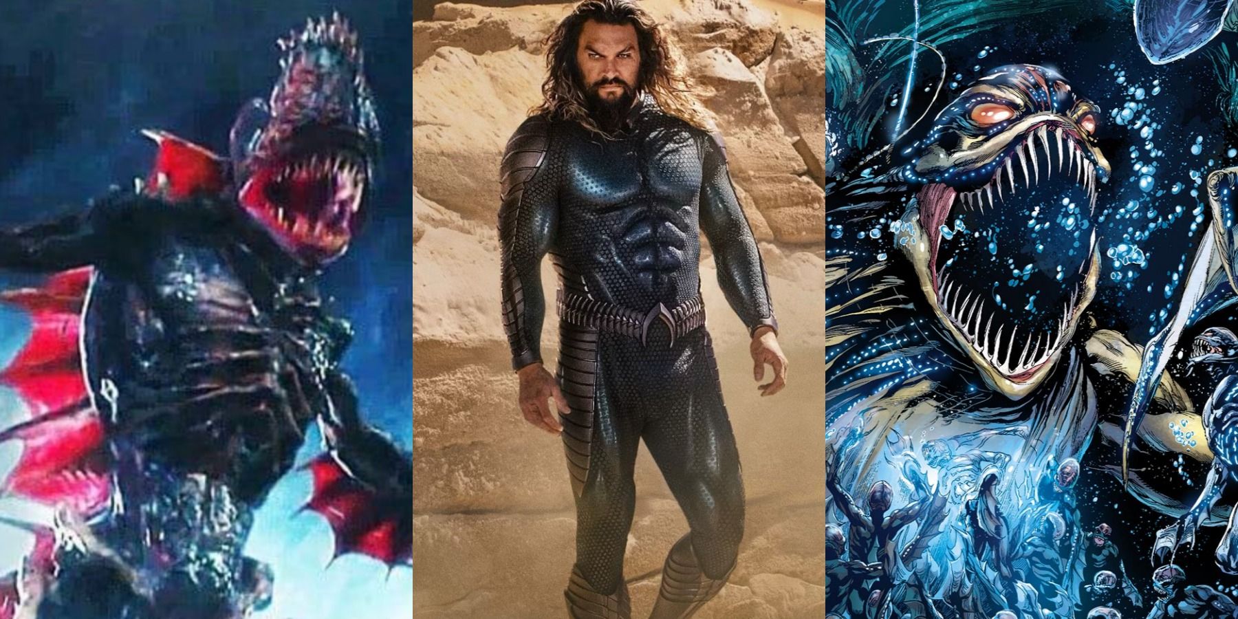 A split image depicts the Trench in the DCEU, Jason Momoa as Aquaman for Aquaman 2, and the Trench in DC Comics