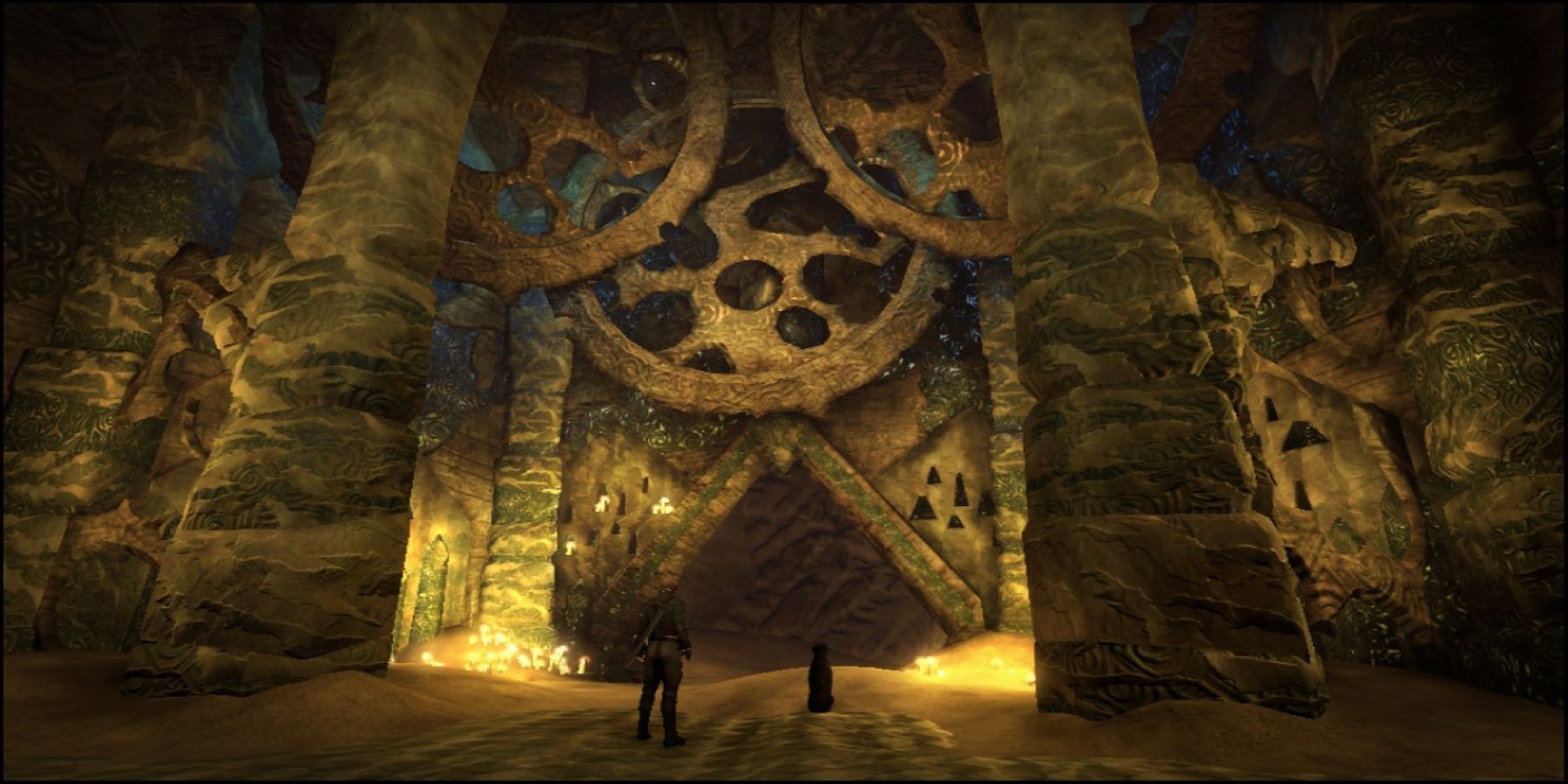 The Hero of Brightwall and their dog looking up at an ancient structure in Aurora in Fable 3
