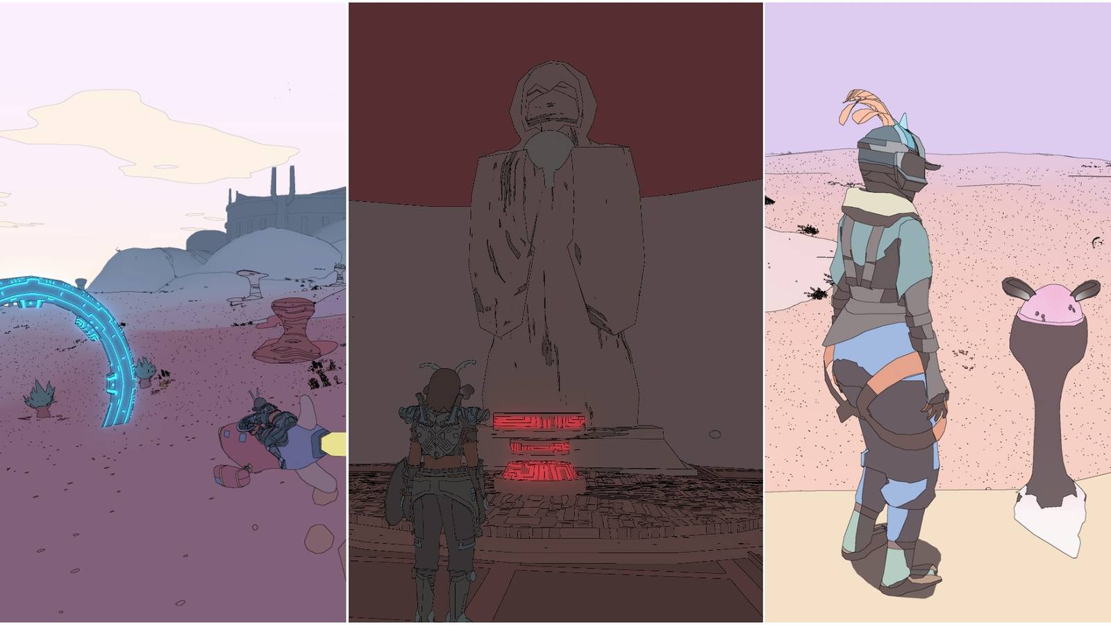 Sable riding up to a large, glowing, blue ring in the ground; Sable in front of an ancient altar; Sable standing before a white, speckled egg in a cupped pedestal