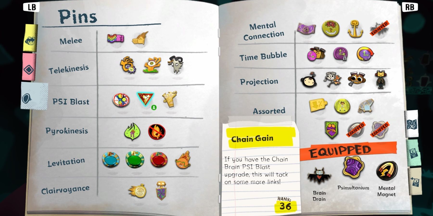 A menu screen with various icons representing different pins arranged next to the ability they augment