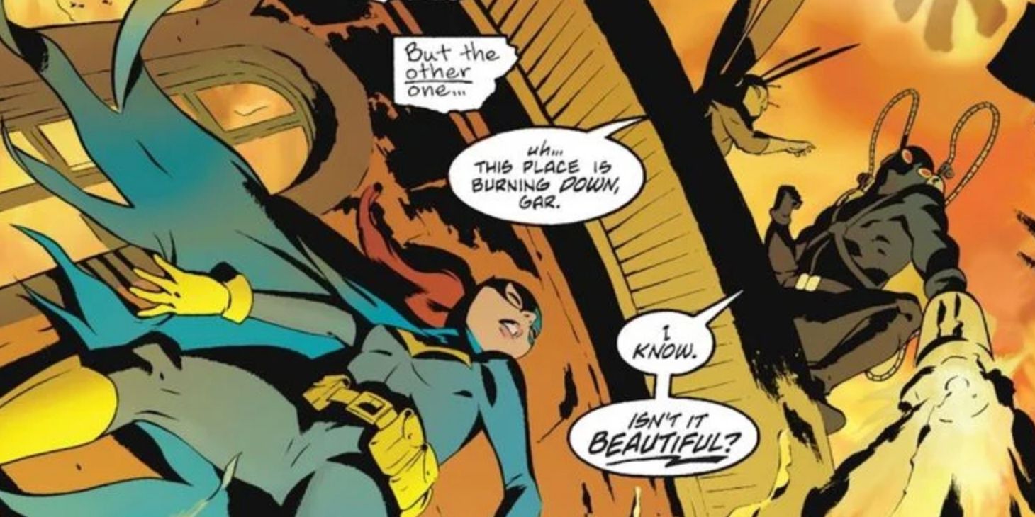 Изображение Бэтгерл на стене здания, когда она смотрит вверх на Мотылька-убийцу и Светлячка в Batgirl: Year One.