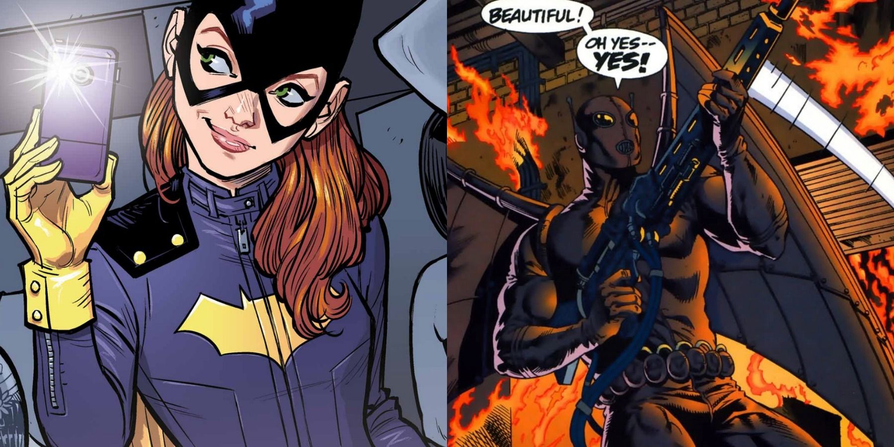 A split image depicts Batgirl and Firefly from DC Comics