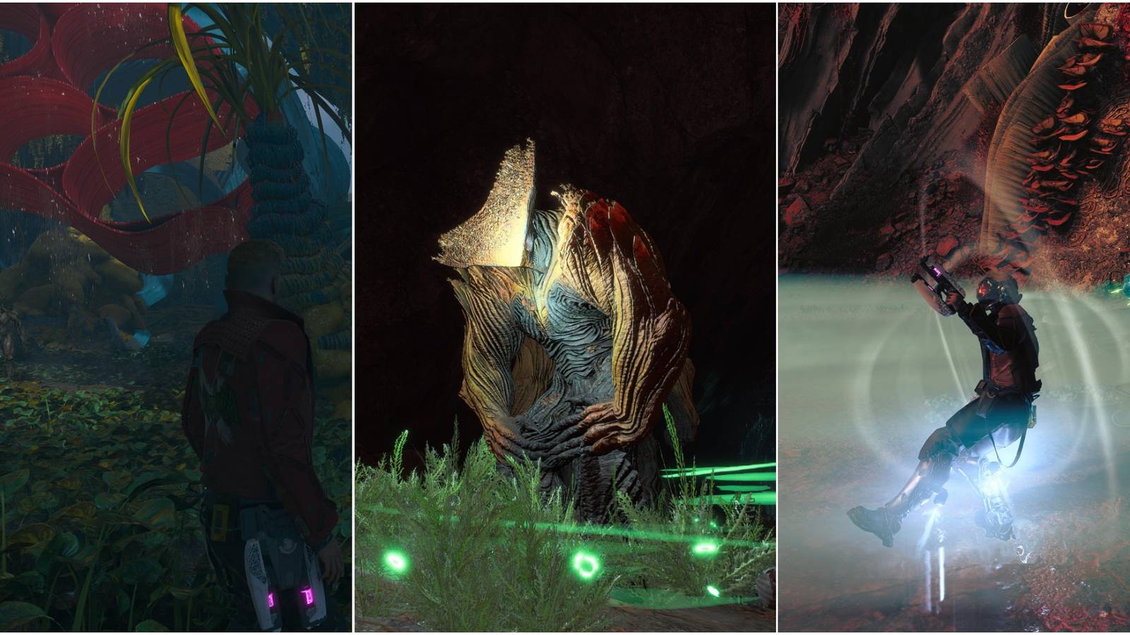star lord in a jungle with red leaves overhead; a two-legged plantlike enemy with its hands on its knees; star lord with his jet boots activated and shooting out blue flame
