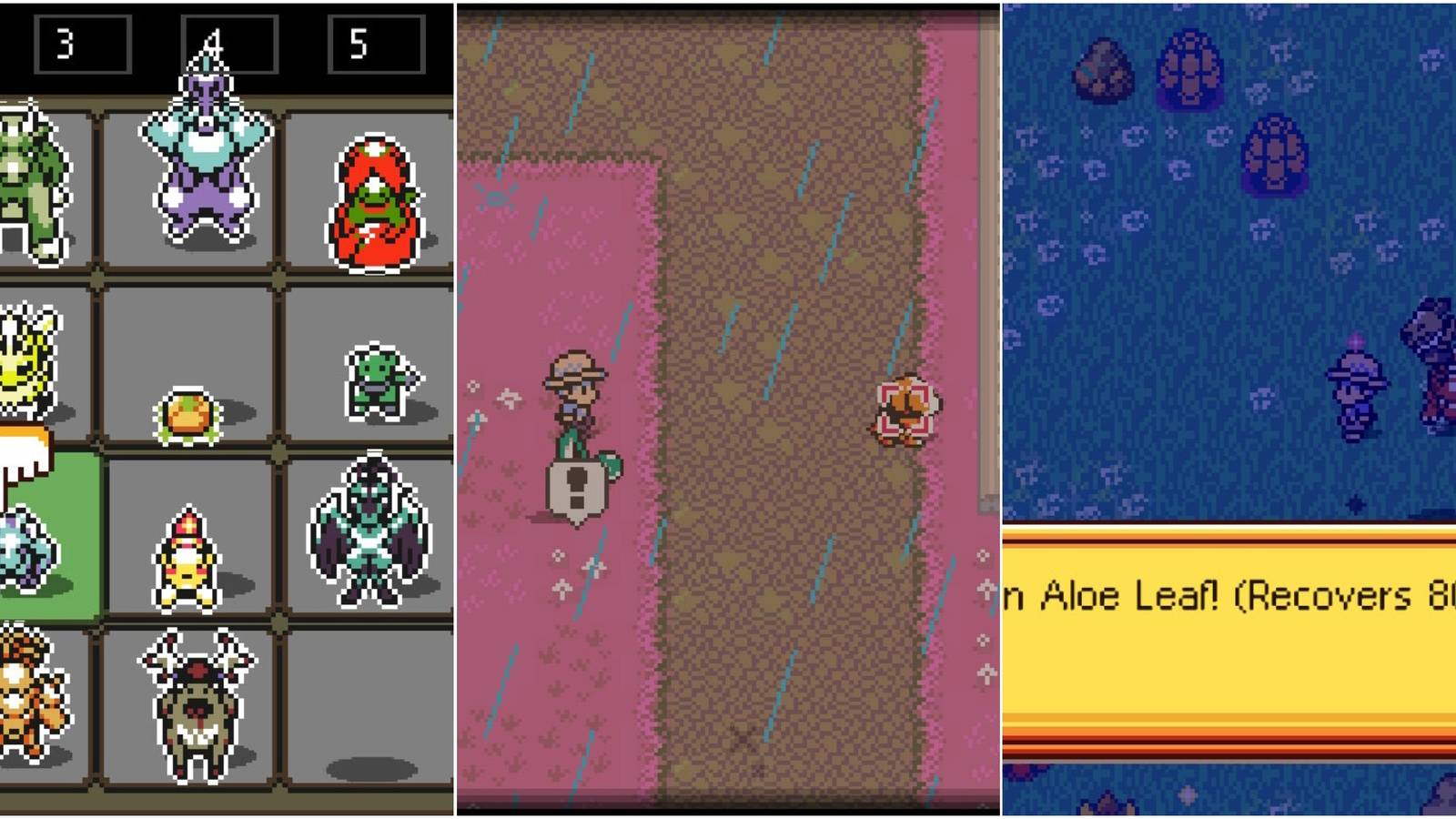 Menu with multiple monster sprites in boxes; person with a monster facing down another monster; person picking up an item called 