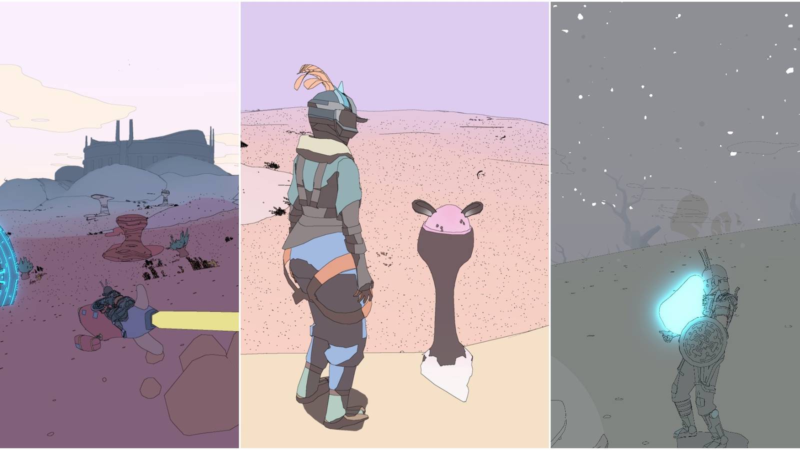 A person riding a hoverbike through a desert; a soldier standing in front of a pedestal with a winged egg on top; a person holding a blue, glowing pod