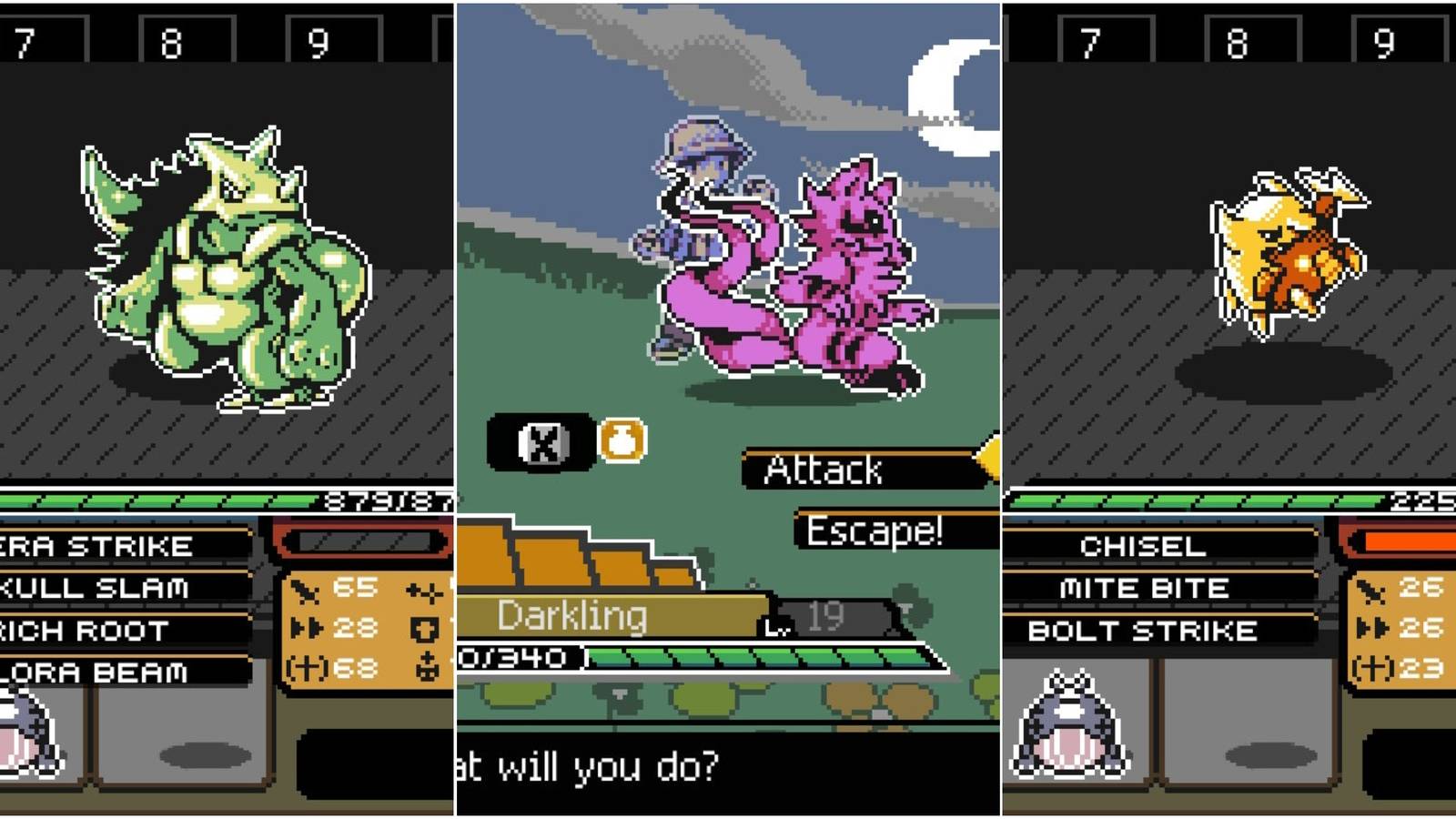 green bipedal triceratops; purple wolf with black stripes; small, floating yellow mite