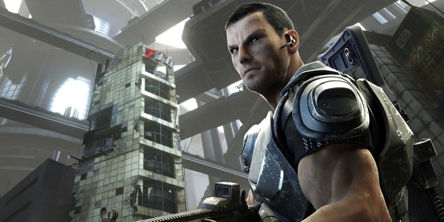 Dan Marshall in standing in the ruins of Tokyo in Binary Domain