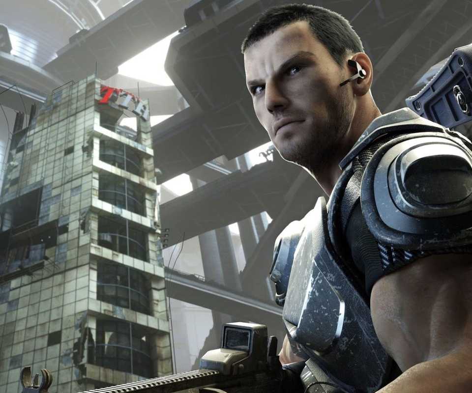 Dan Marshall in standing in the ruins of Tokyo in Binary Domain