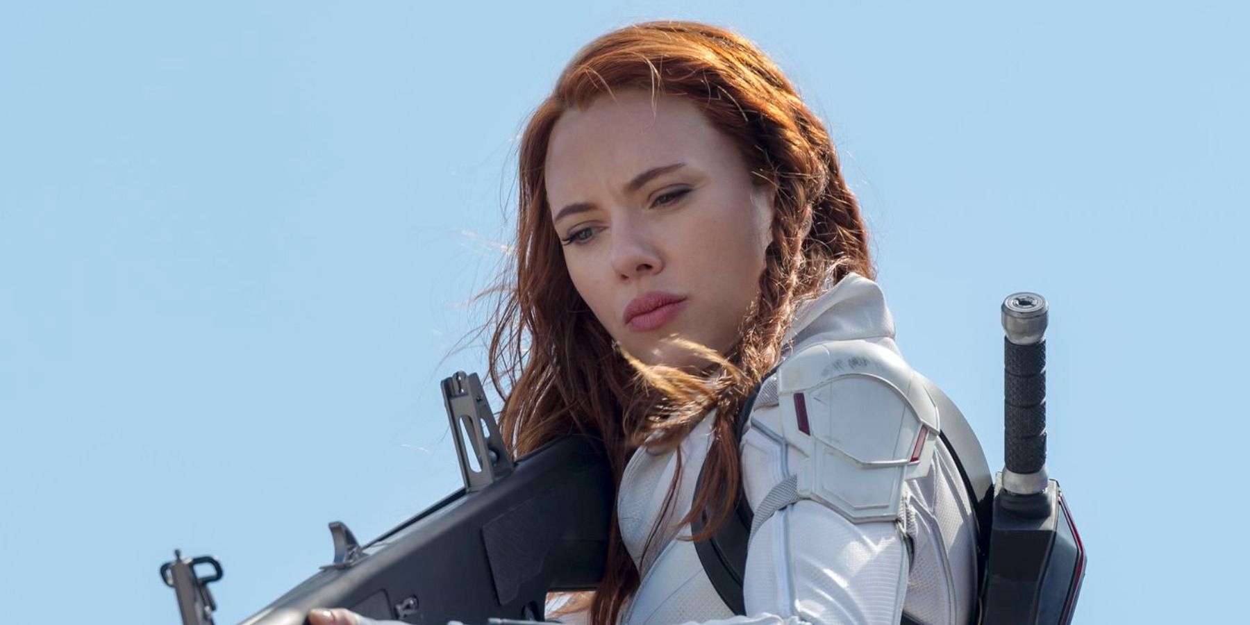 Black Widow shooting rifle Scarlett Johansson