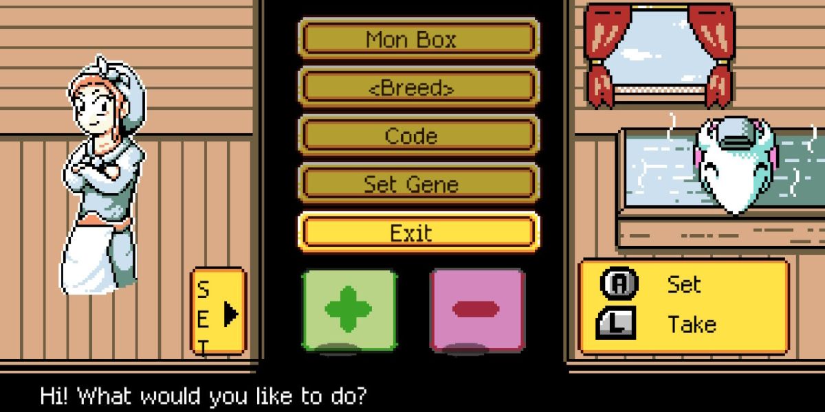 A menu screen with options for accessing the monster box and breeding