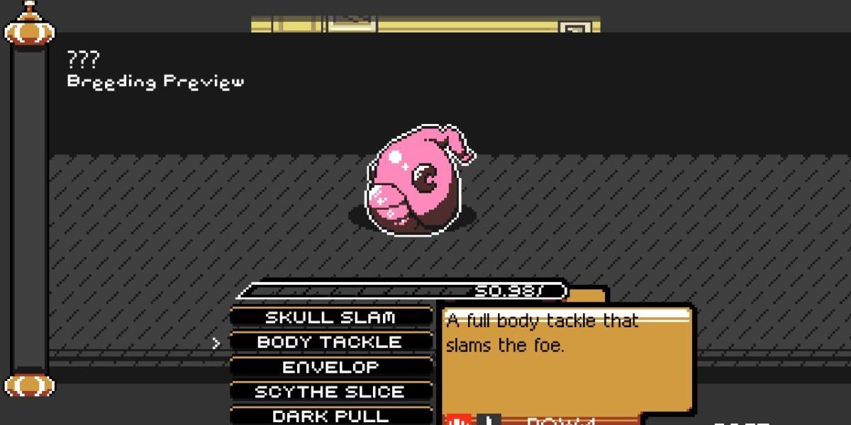 menu screen with preview results for a monster breeding; pink egg in the middle of the screen with list of attacks at the bottom