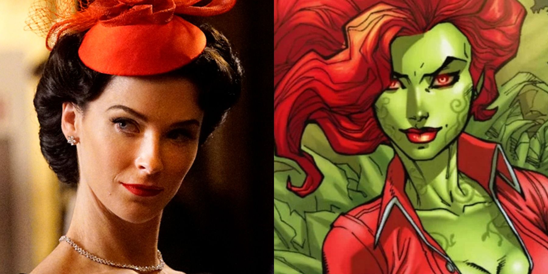 A split image depicts Bridget Regan as Dottie in Agent Carter and Poison Ivy in DC comics