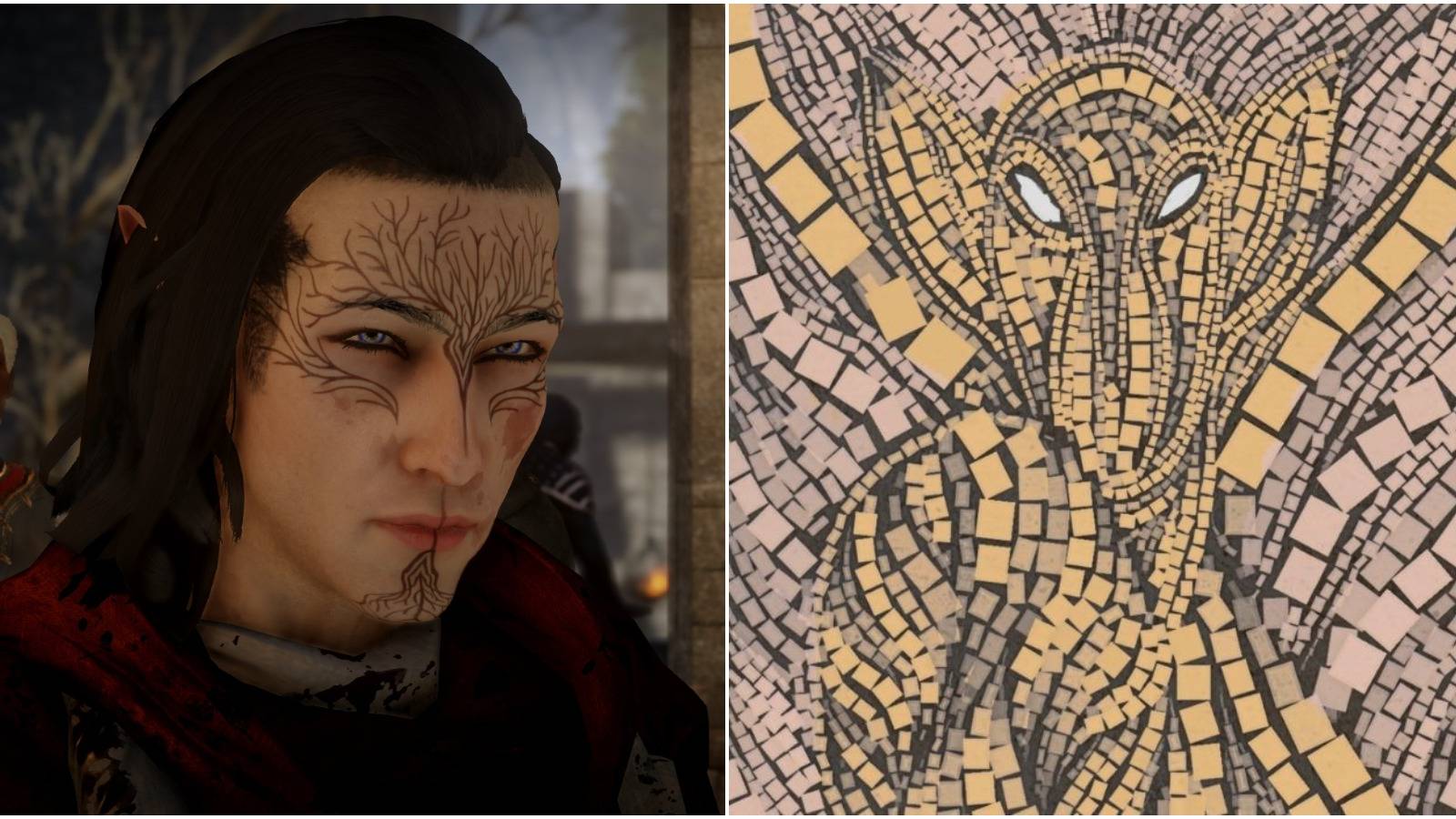 Split image of Dalish man and Dalish mural. 