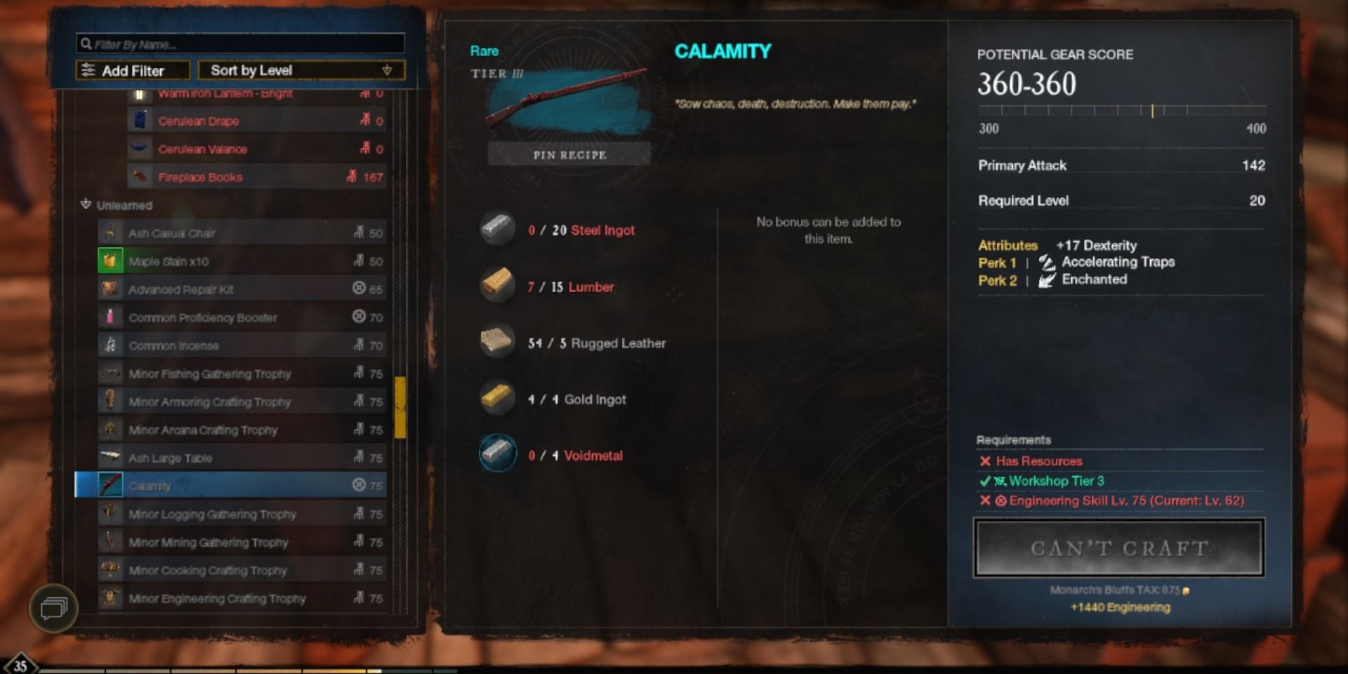 Calamity Musket New World crafting information