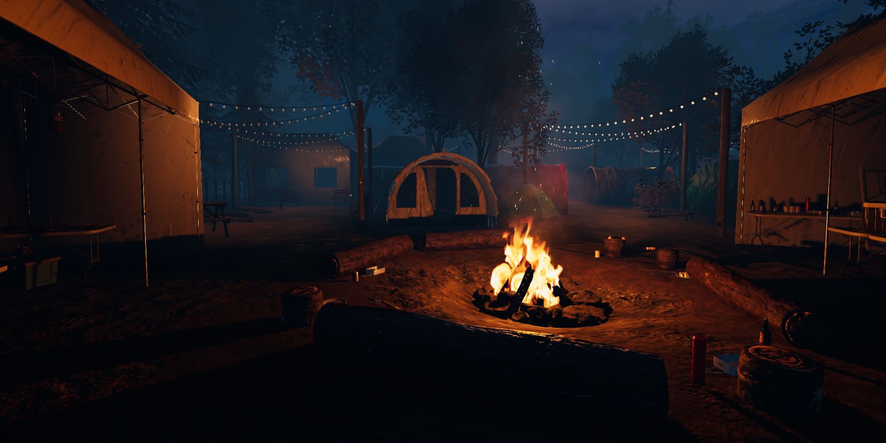 A screenshot of the campfire and several tents in the Maple Lodge Campsite map in Phasmophobia