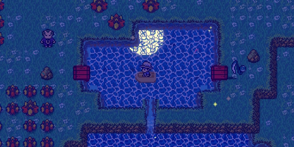 main character in a small boat on a lake between two red docks at night