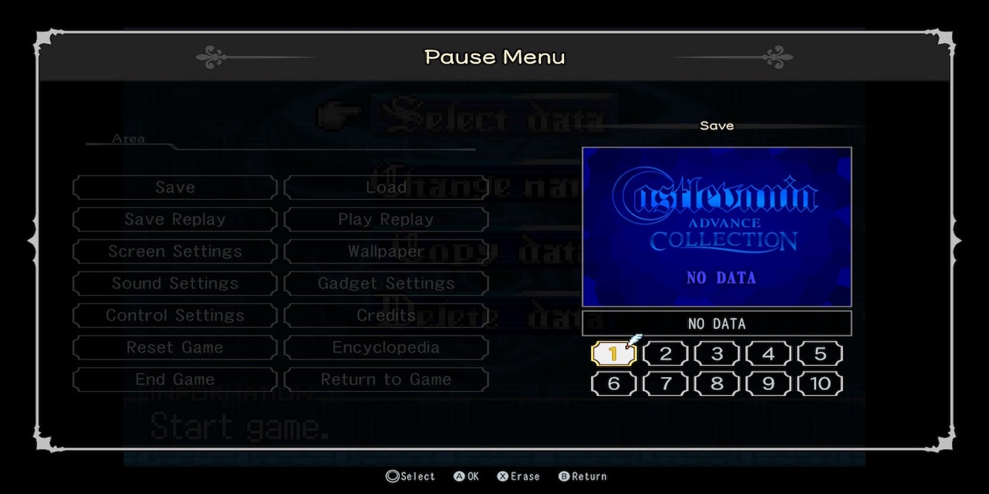 The save state menu from Castlevania Advance Collection
