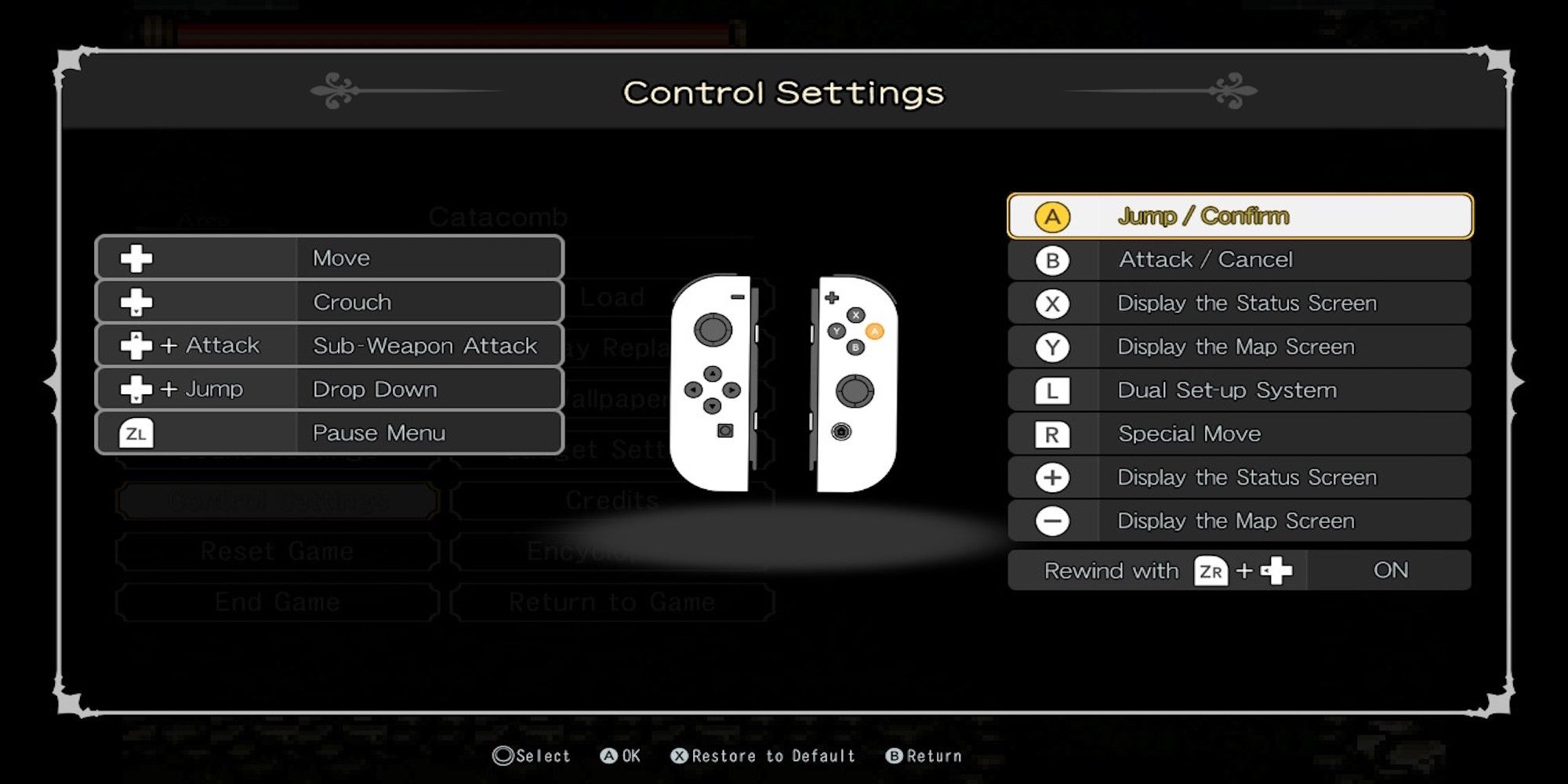 The control settings from Castlevania Advance Collection