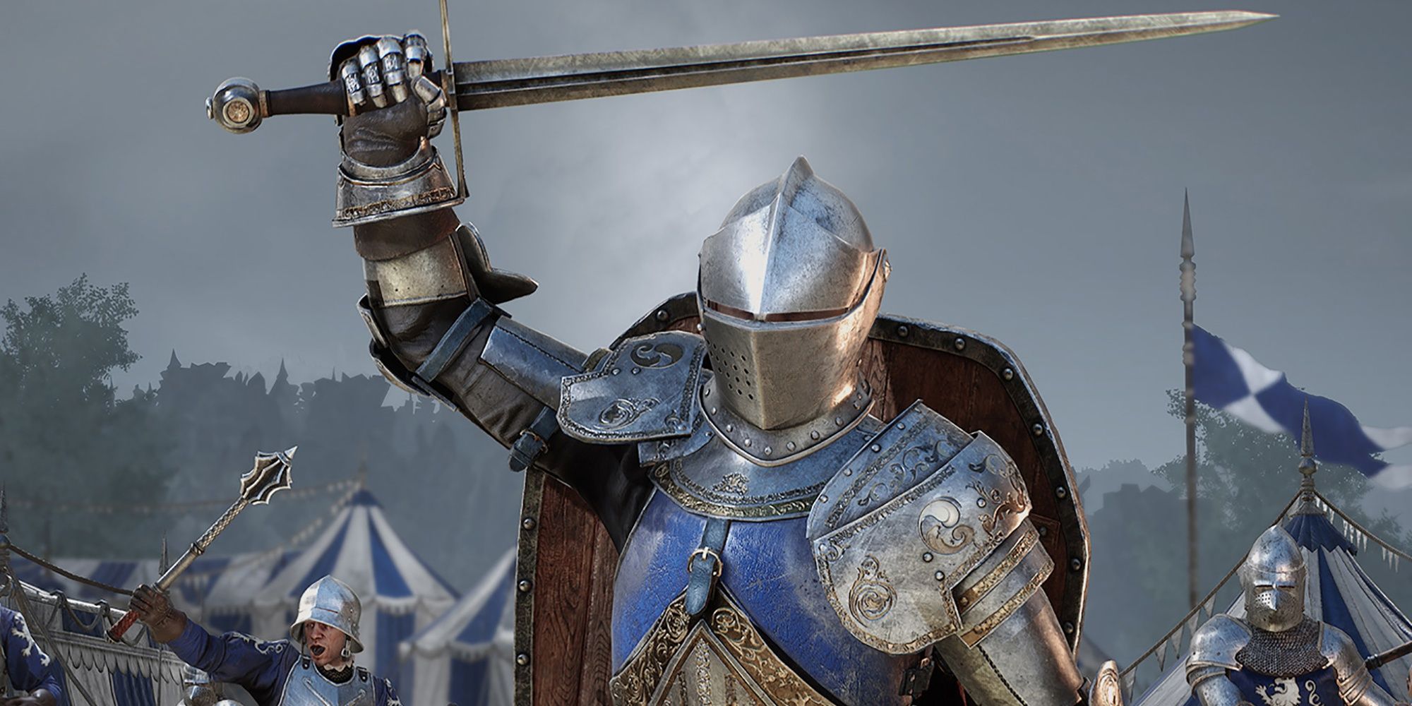 A blue knight holding up a long sword in Chivalry 2