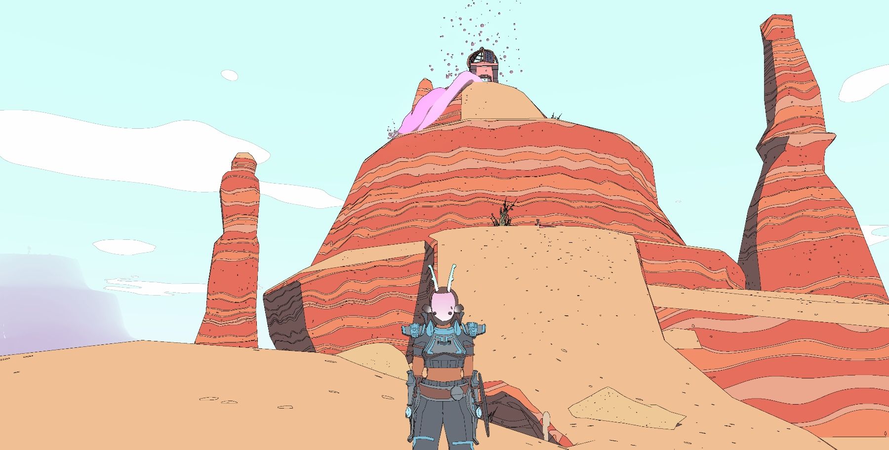 Sable in a white and pink, antlered mask standing in front of a rock formation with a tower peeking out the top and bubbles floating from the tower