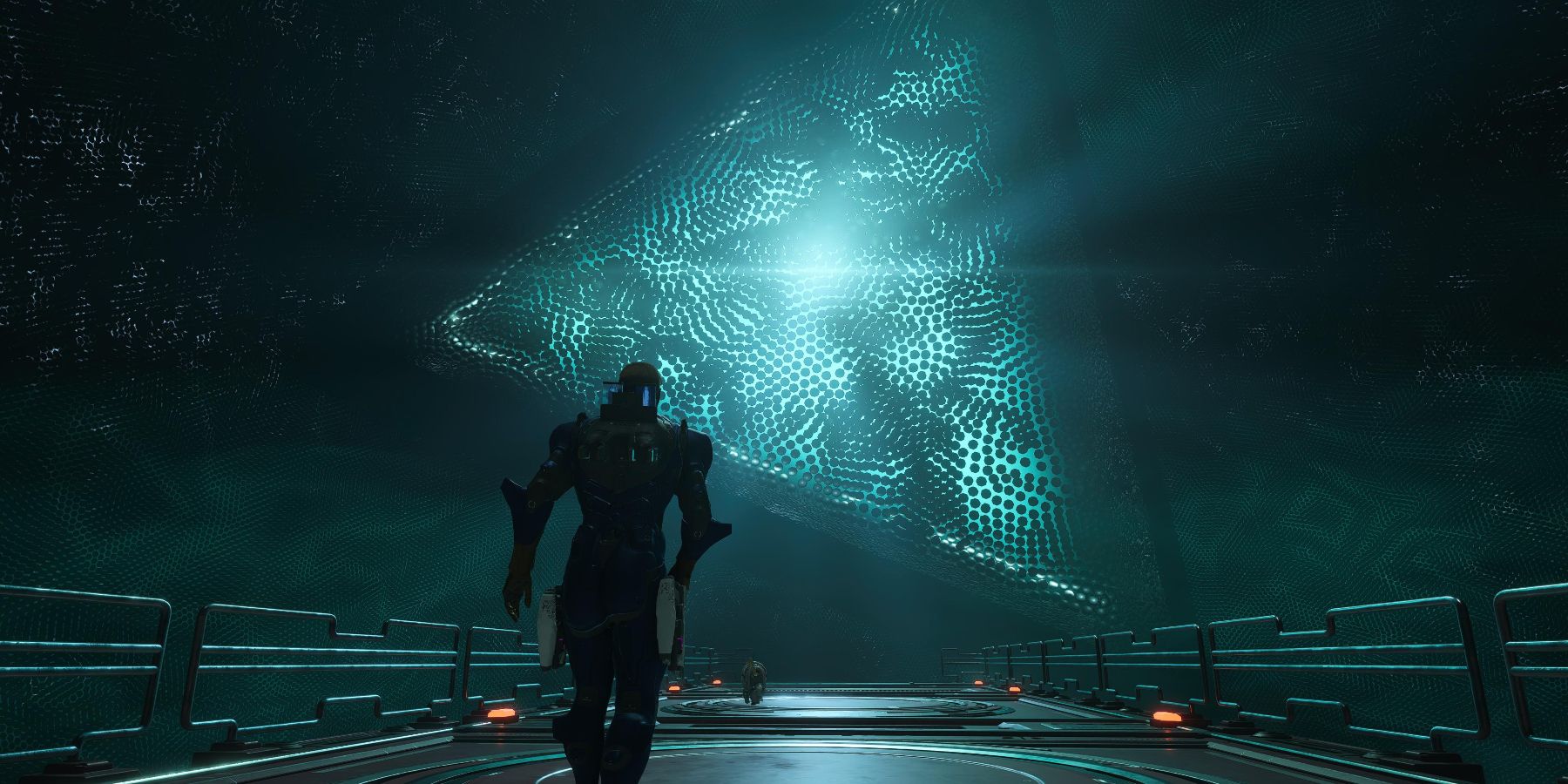 a man in a space suit walking toward a large, glowing triangle filled with small, dark orbs
