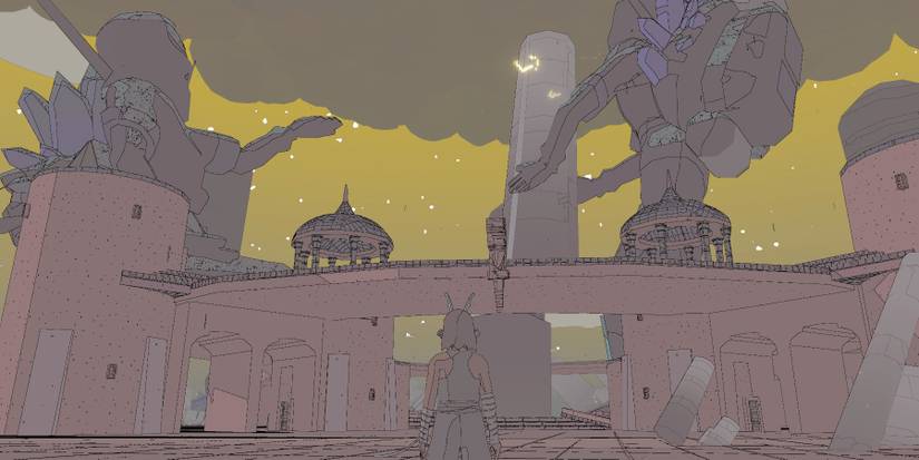 Sable standing in front of a group of buildings with two large statues and thunderclouds overhead