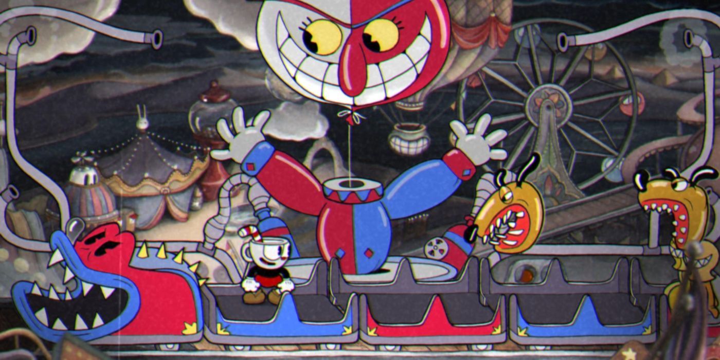 Beppi from Cuphead clown balloon evil smile on roller coaster