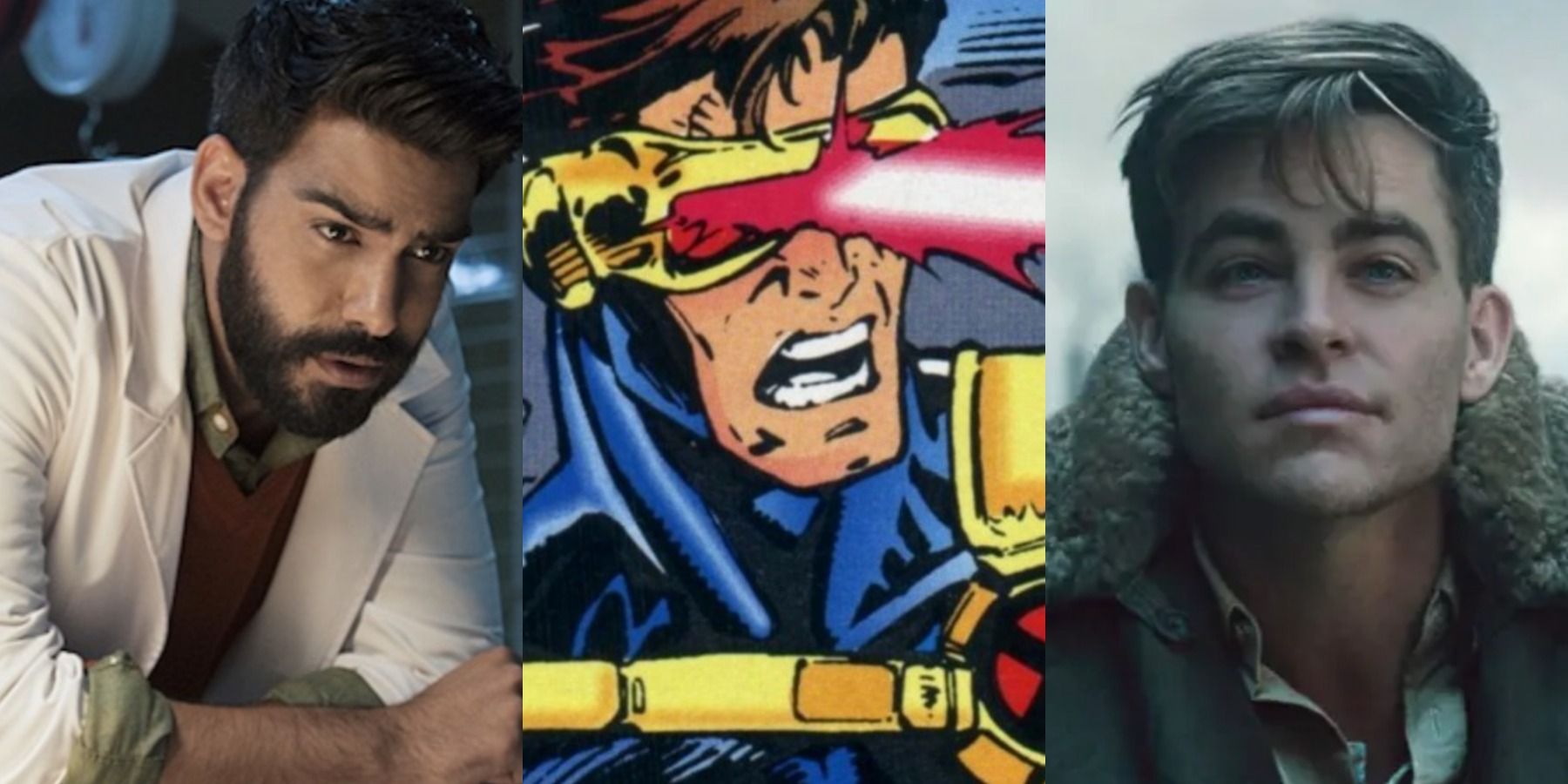 A split image depicts Rahul Kohli in iZombie, Cyclops in Marvel Comics, and Chris Pine in Wonder Woman.