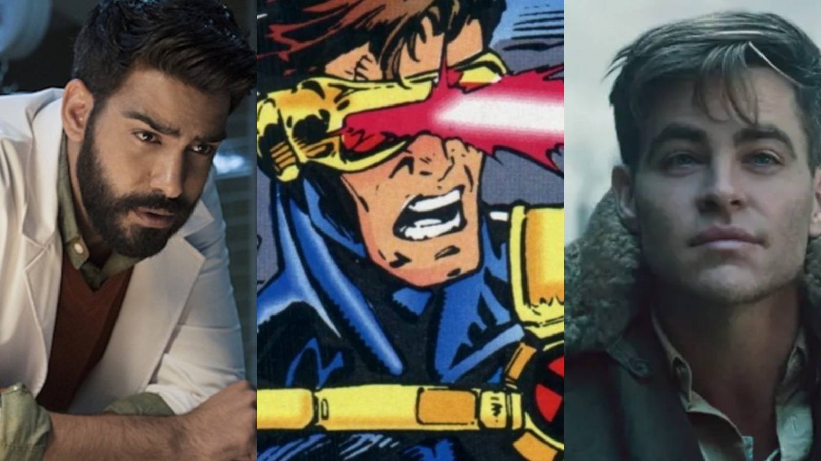 A split image depicts Rahul Kohli in iZombie, Cyclops in Marvel Comics, and Chris Pine in Wonder Woman.