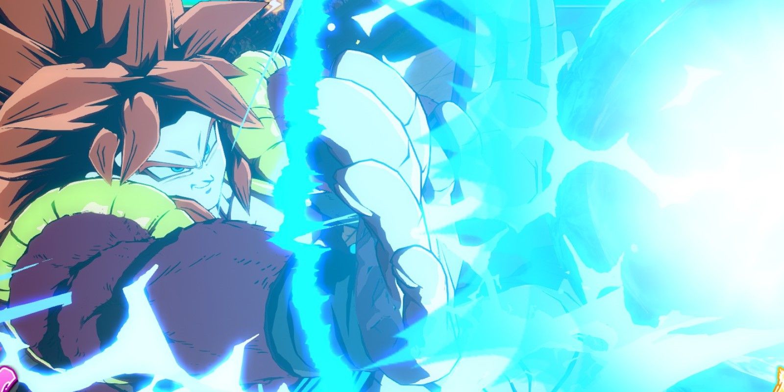 DBFZ DLC Gogeta SS4 about to fire his Ultra Big Bang Kamehameha