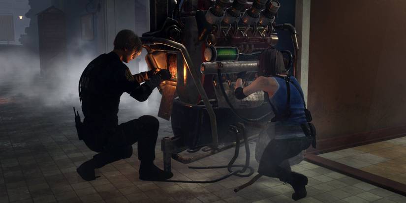 Dead By Daylight 2 Survivors Leon and Jill completing Generator