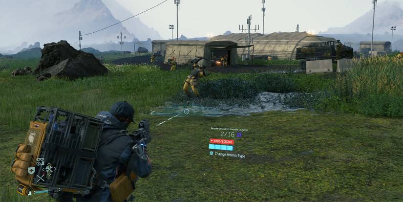 Death Stranding - Sam Using The Remote Detonation Grenade Launcher Slip Rounds To Trip Up MULEs