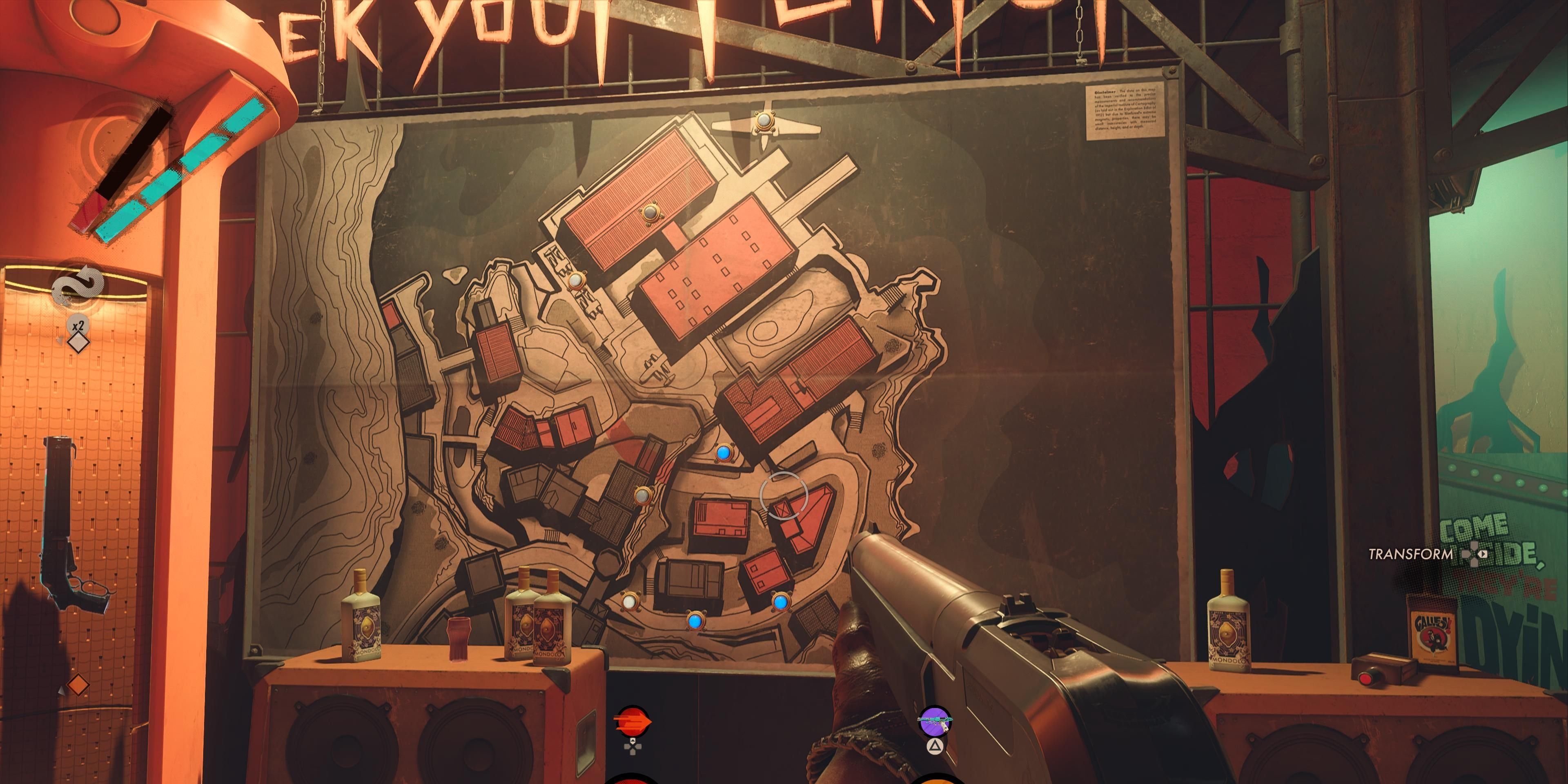 A map layout of different boxes in Deathloop